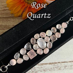 Rose Quartz Bracelet Handmade Stone Gemstone Crystal 925 Silver Ethnic Large New